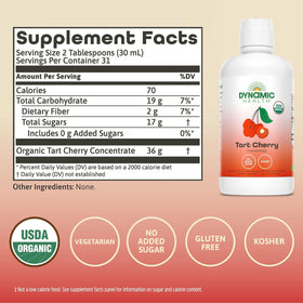 Dynamic Health Organic Tart Cherry Juice label close-up highlighting certification and purity