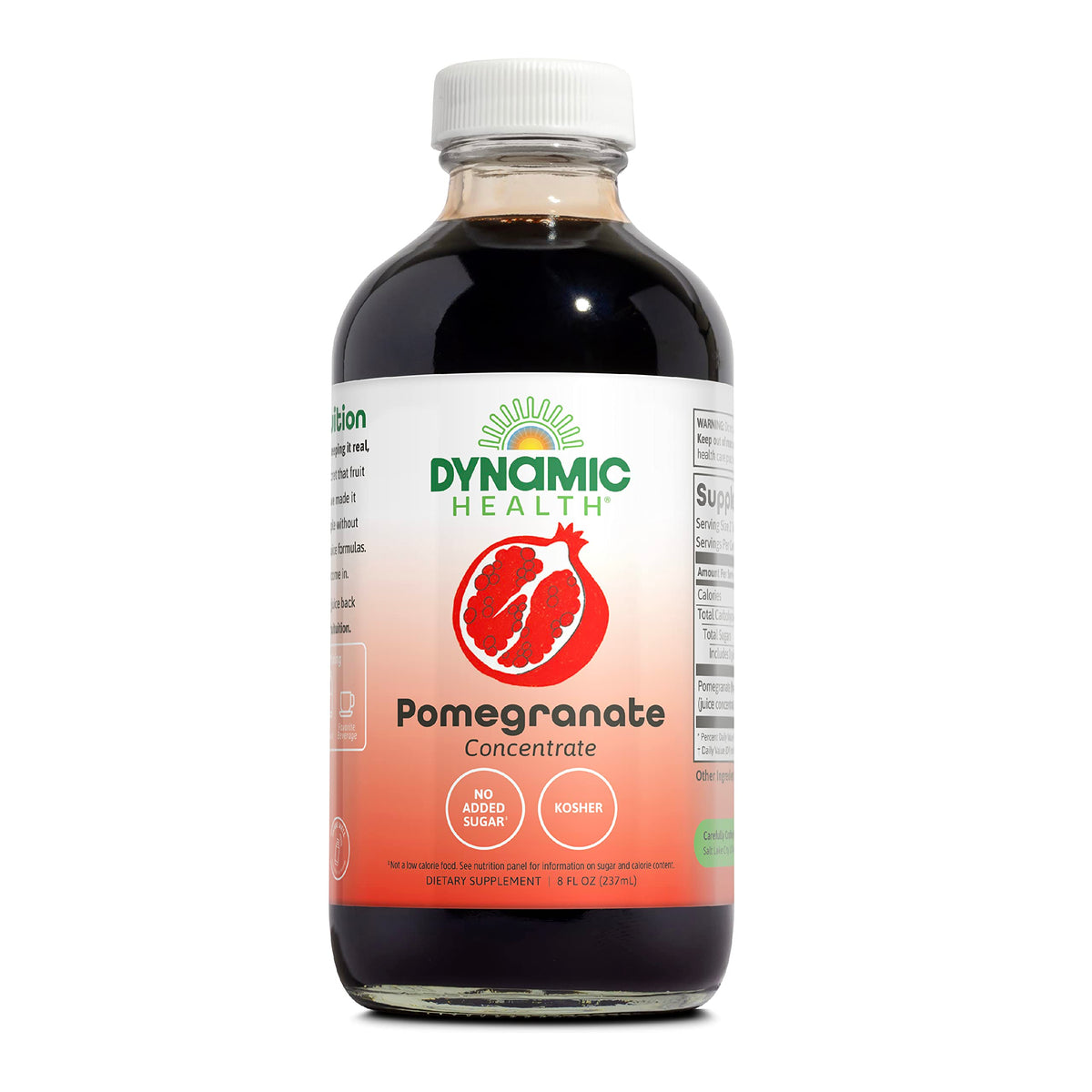 Dynamic Health Pomegranate Juice Concentrate bottle on the counter highlighting organic ingredients.