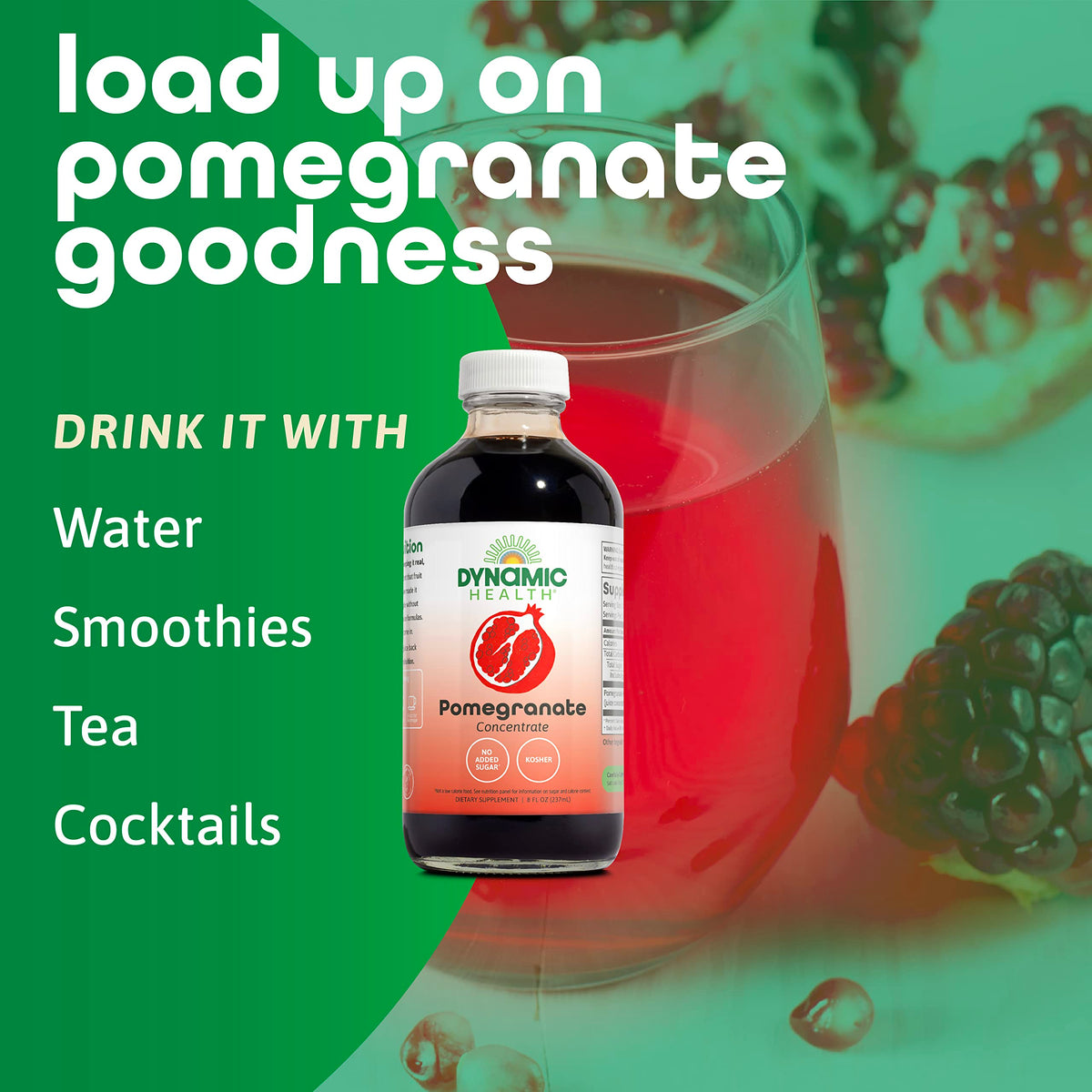 Dynamic Health Pomegranate Juice Concentrate product shot, GMP facility and lab-tested quality.