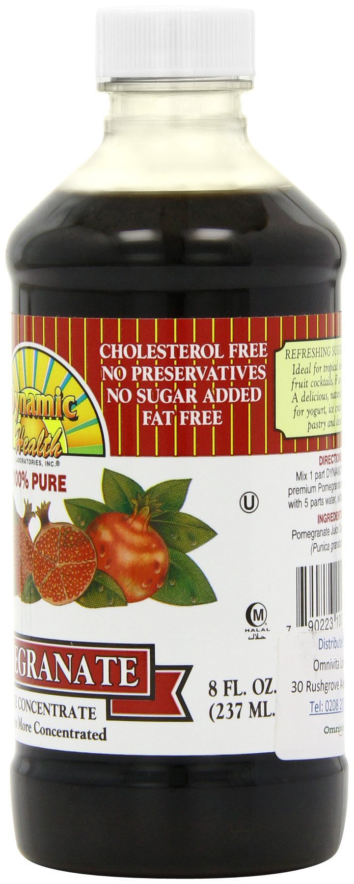 Dynamic Health Pomegranate Juice Concentrate beside ingredients list illustrating real ingredients.