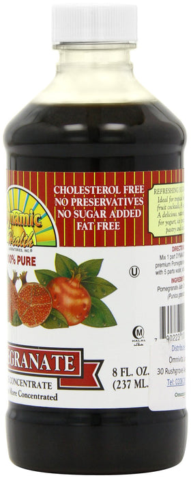 Dynamic Health Pomegranate Juice Concentrate beside ingredients list illustrating real ingredients.