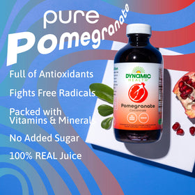 Dynamic Health Pomegranate Juice Concentrate label close-up showing no additives.