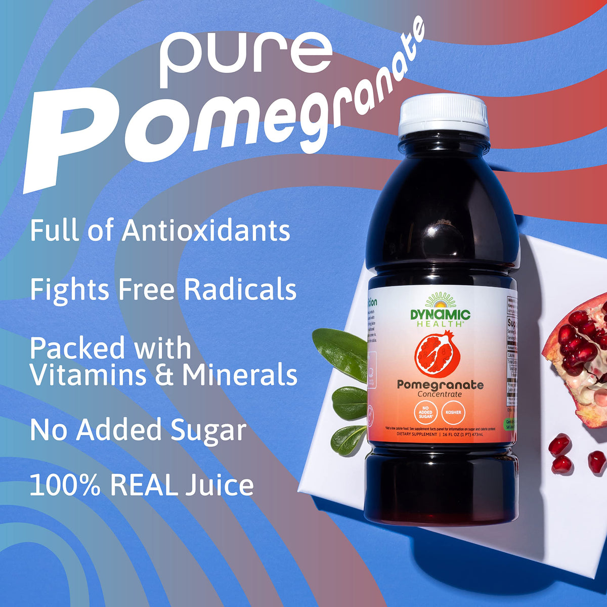 Dynamic Health Pomegranate concentrate being poured into a glass for a refreshing drink
