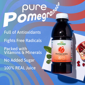 Dynamic Health Pomegranate concentrate being poured into a glass for a refreshing drink