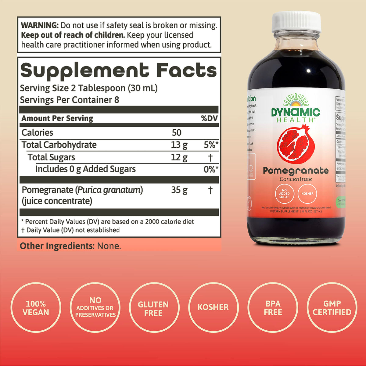 Dynamic Health Pomegranate Juice Concentrate being poured into a glass for a refreshing drink.