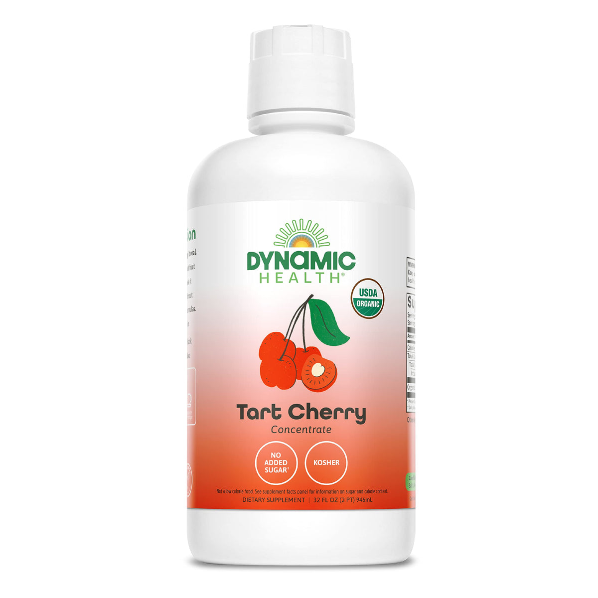 Dynamic Health Tart Cherry Juice bottle front showing organic, unsweetened juice rich in antioxidants