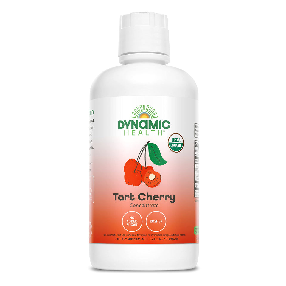 Dynamic Health Tart Cherry Juice bottle front showing organic, unsweetened juice rich in antioxidants