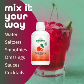 Dynamic Health Tart Cherry Juice bottle with splash to illustrate versatility