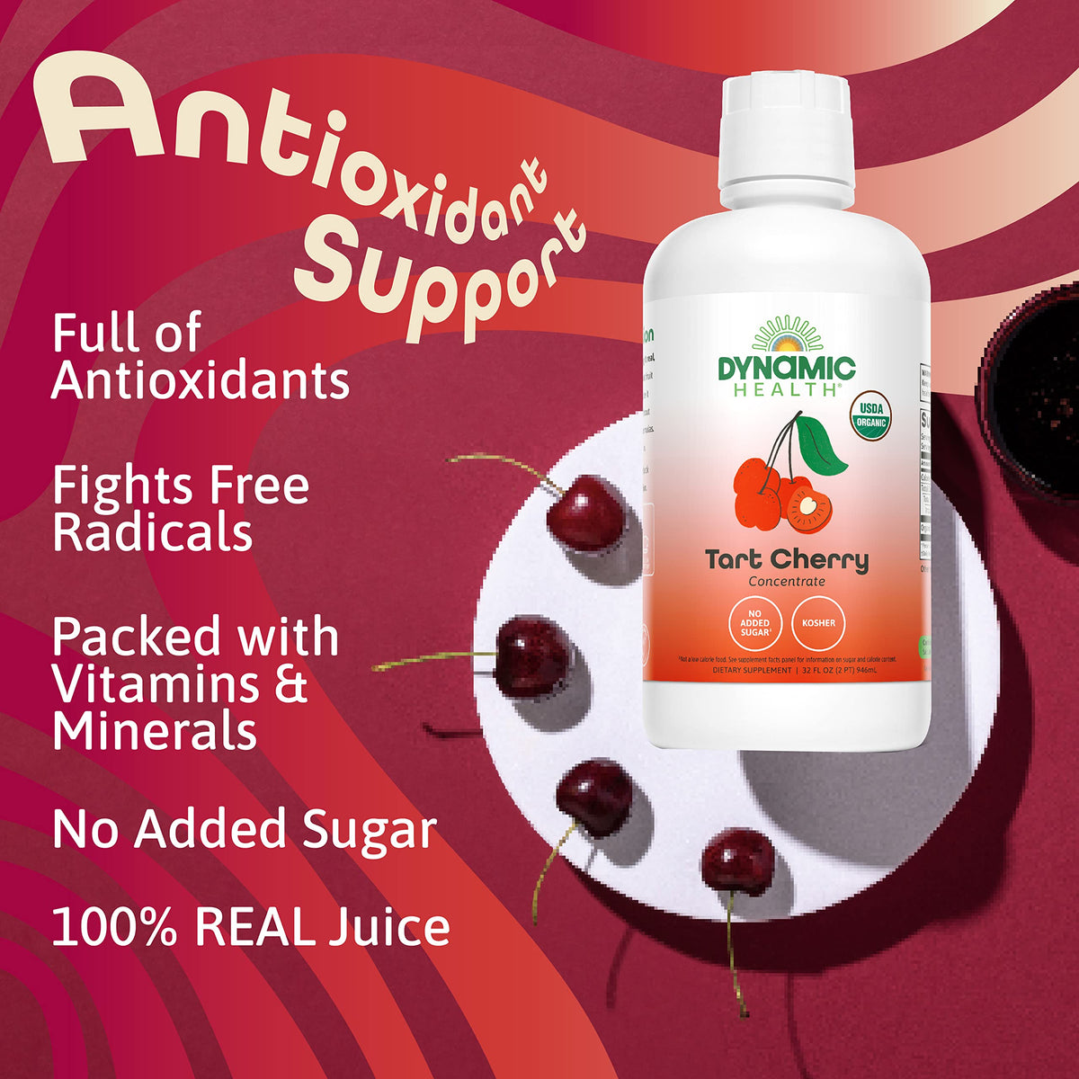 Dynamic Health Tart Cherry Juice ingredients close-up showing 100% organic, no fillers