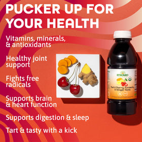 Dynamic Health Tart Cherry Juice Tonic close-up of natural ingredients like cherries, turmeric, ginger