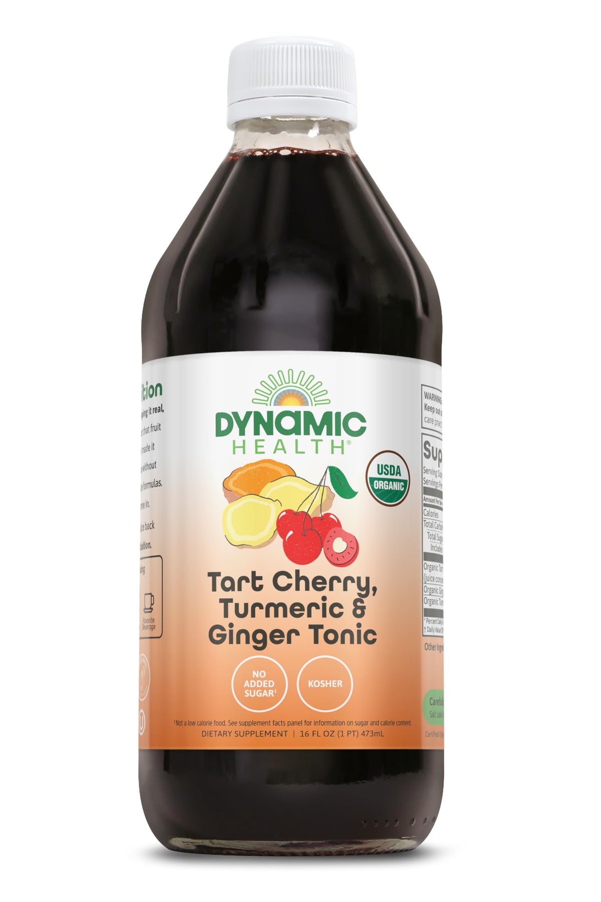 Dynamic Health tart cherry juice tonic bottle with turmeric and ginger for a refreshing daily boost