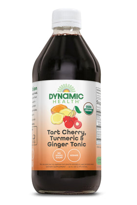 Dynamic Health tart cherry juice tonic bottle with turmeric and ginger for a refreshing daily boost