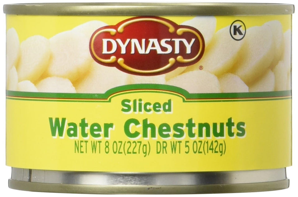 Dynasty canned sliced water chestnuts close-up showing glossy slices ready to cook