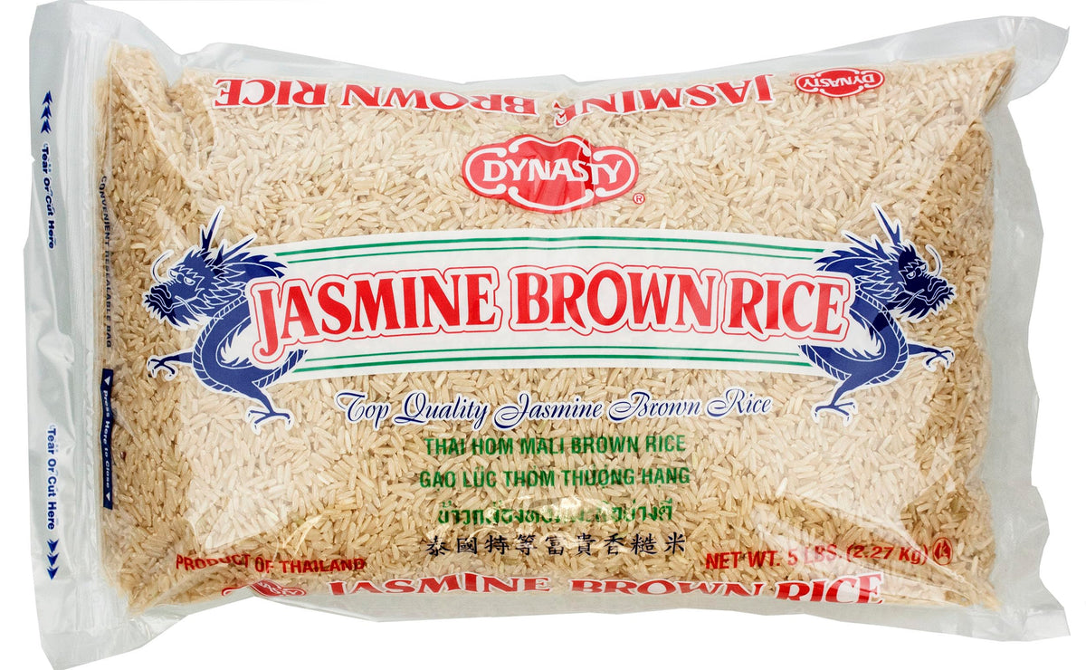 Dynasty Jasmine Brown Rice pack front view; compact six-pack for easy storage