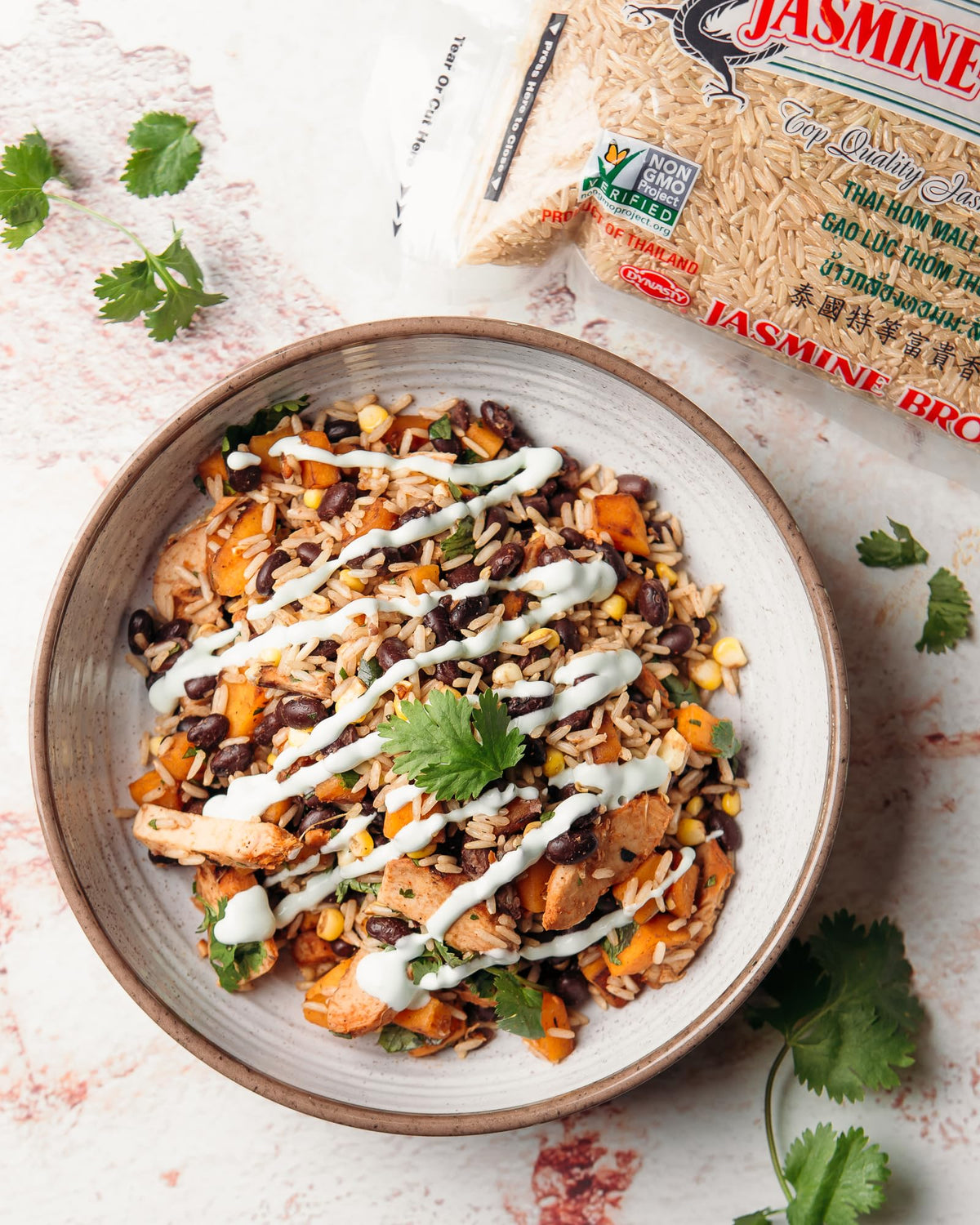 Dynasty Jasmine Brown Rice label close-up with origin Japan noted
