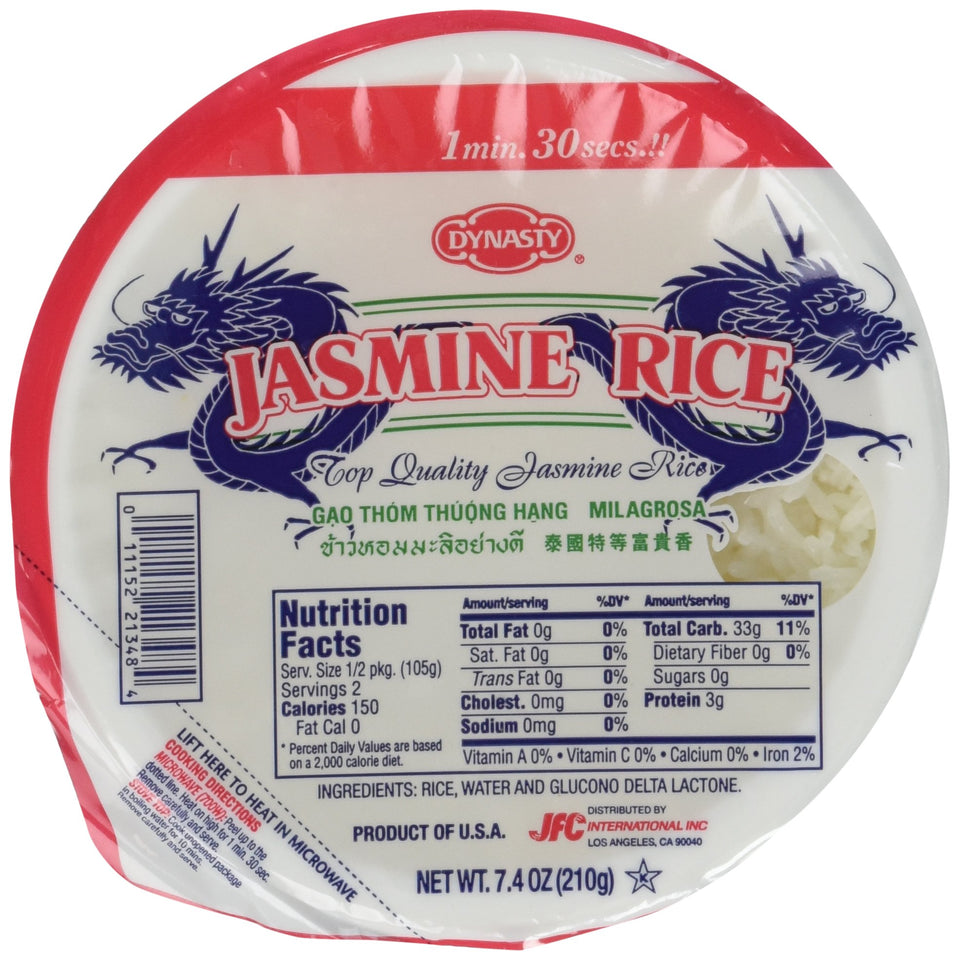 Dynasty Jasmine Cooked Rice in a microwaveable pack, ideal for quick meals