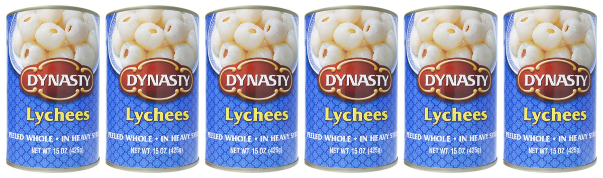 Dynasty Lychee with Syrup cans ready to serve as a refreshing dessert topping.