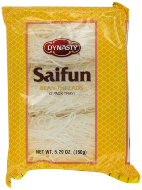 Dynasty SaiFun Bean Threads noodles in 12-pack packaging ready for soups, stir-fries, or salads.