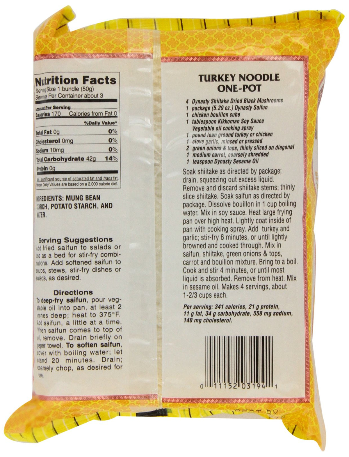 Dynasty SaiFun Bean Threads stir-fry dish highlights slender, gelatinous texture for quick meals.