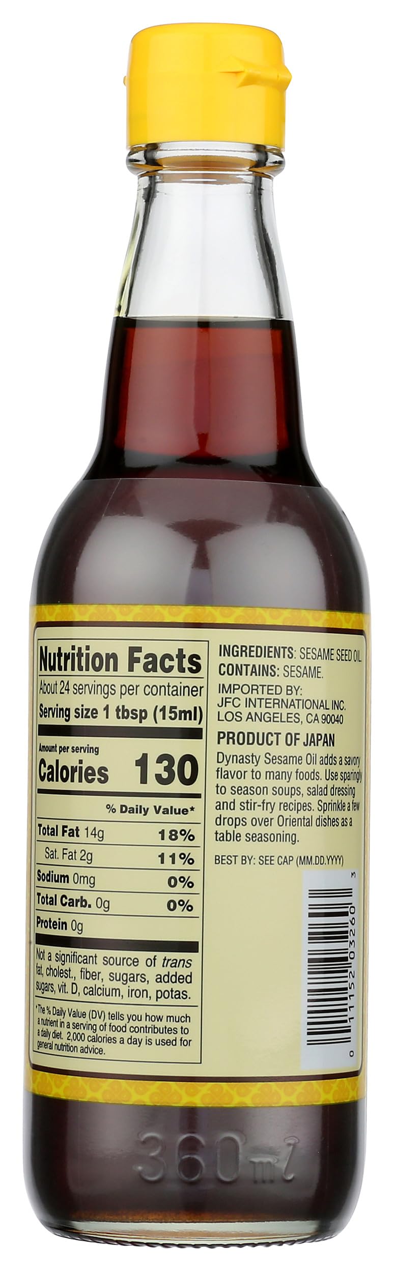 Dynasty sesame oil label detail highlights authentic Japanese quality and premium ingredients.