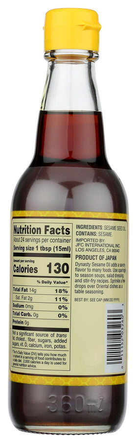 Dynasty sesame oil label detail highlights authentic Japanese quality and premium ingredients.