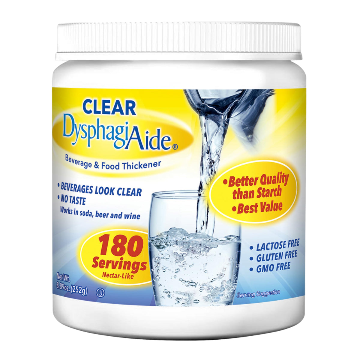 DYSPHAGIAIDE clear thickener jar front view showing tasteless thickening for IDDSI levels.