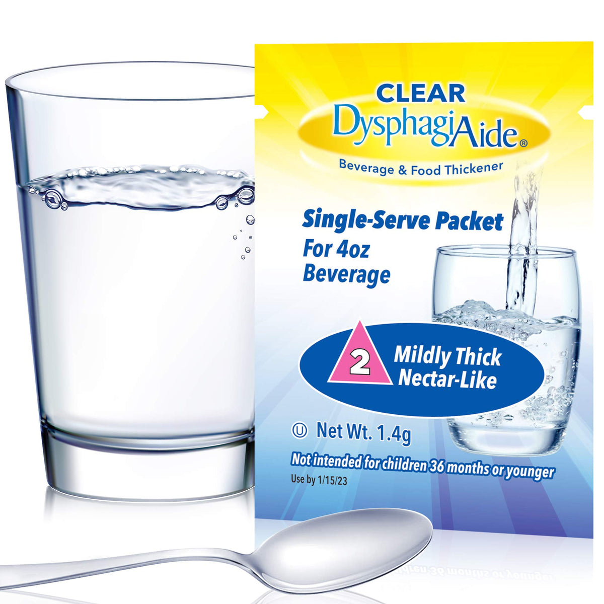 DYSPHAGIAIDE Clear Thickener Level 2 packets provide convenient nectar-like thickness on the go.