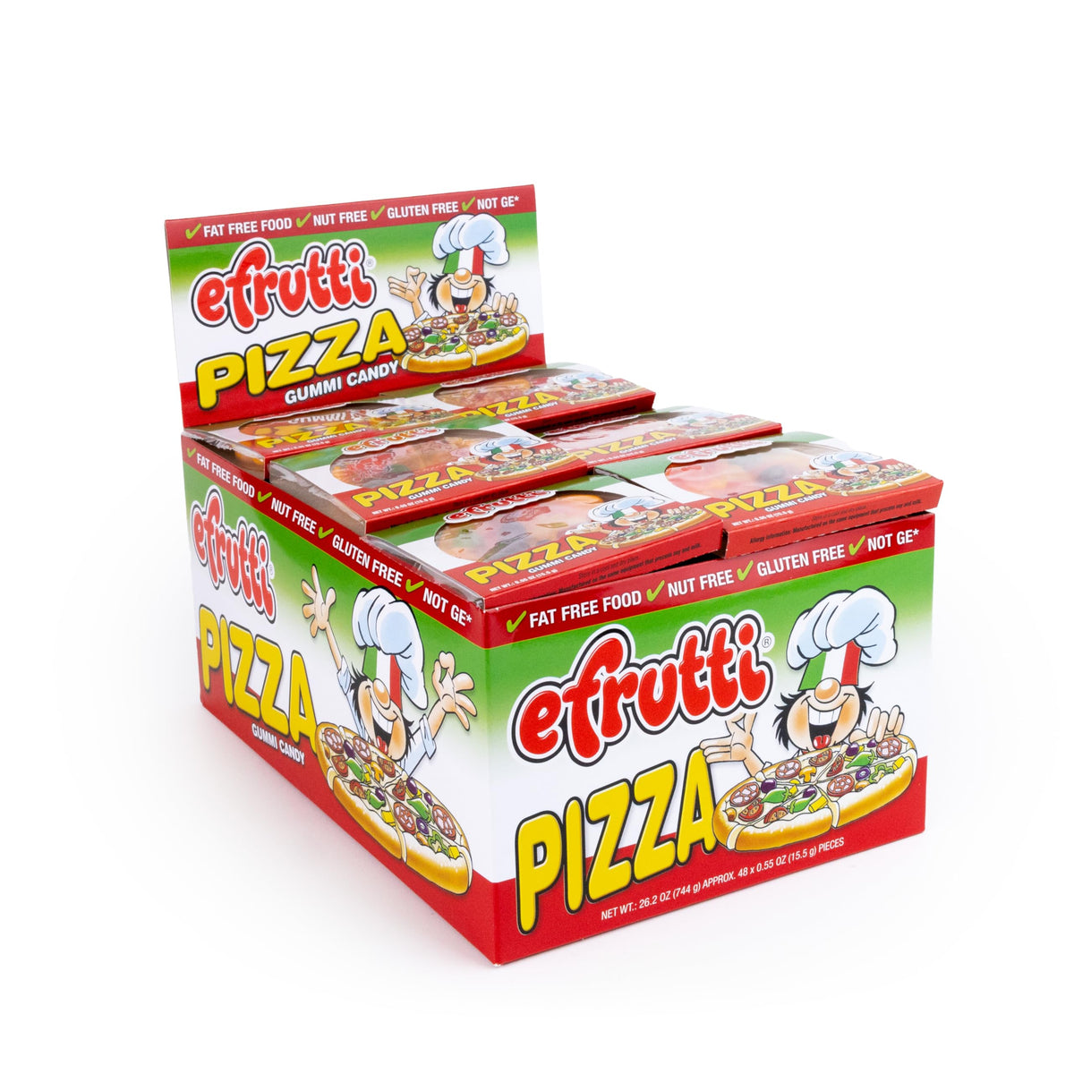 E.Frutti Gummi Pizza slices front view, chewy candy snack for parties.