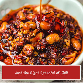 EAPC Sichuan chili crisp close-up highlights roasted chili and peanuts, perfect as a stir-fry topping.
