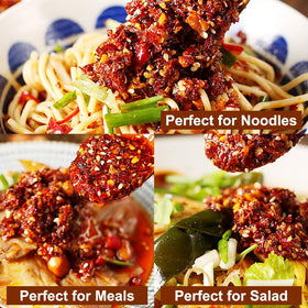 Pouring EAPC chili oil over noodles for a fiery finish.