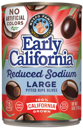 Early California low-sodium ripe black olives in a 6oz can for quick snacking