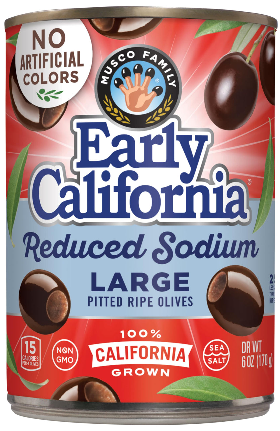 Early California low-sodium ripe black olives in a 6oz can for quick snacking