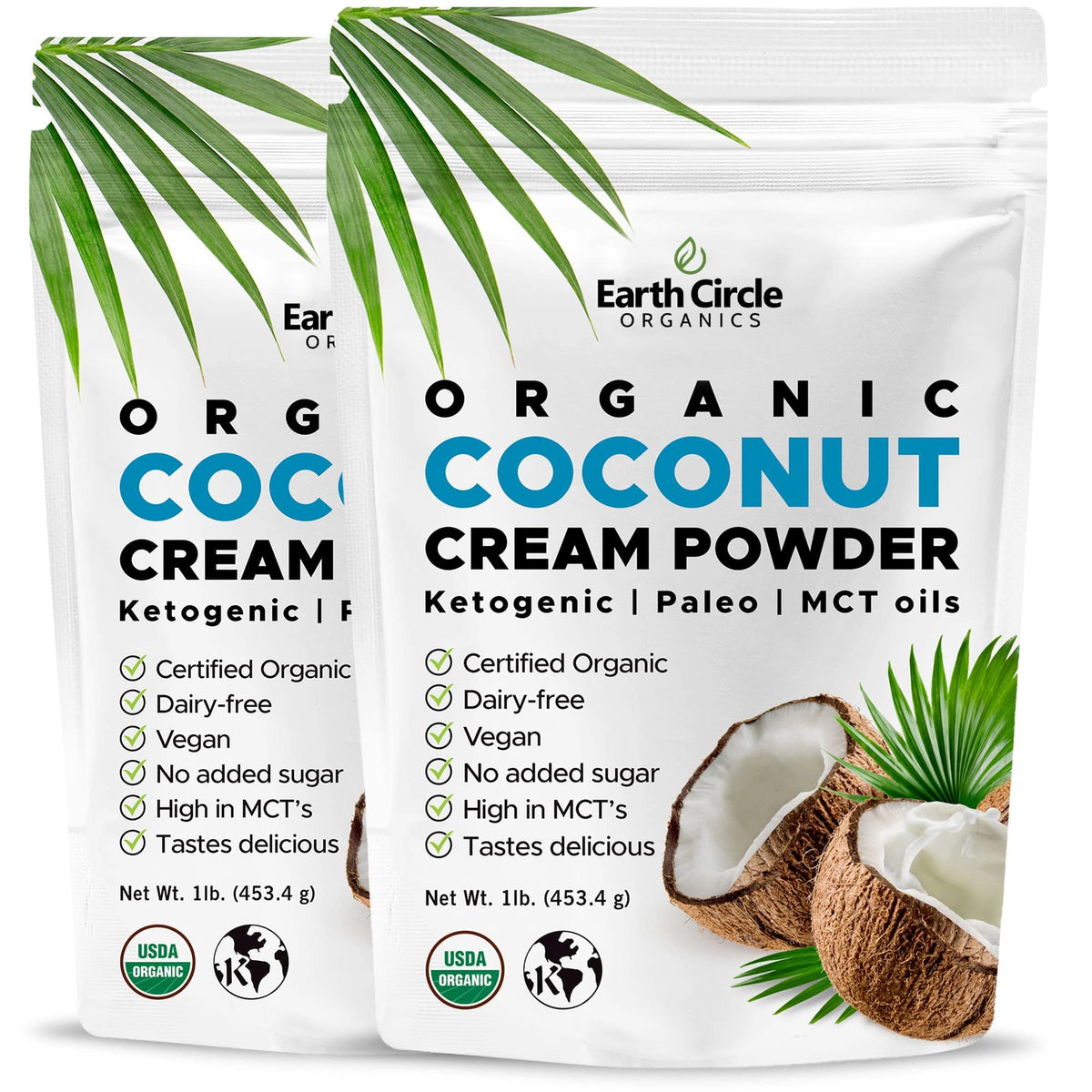 Earth Circle Organics coconut milk powder bag display for versatile dairy-free creamer.