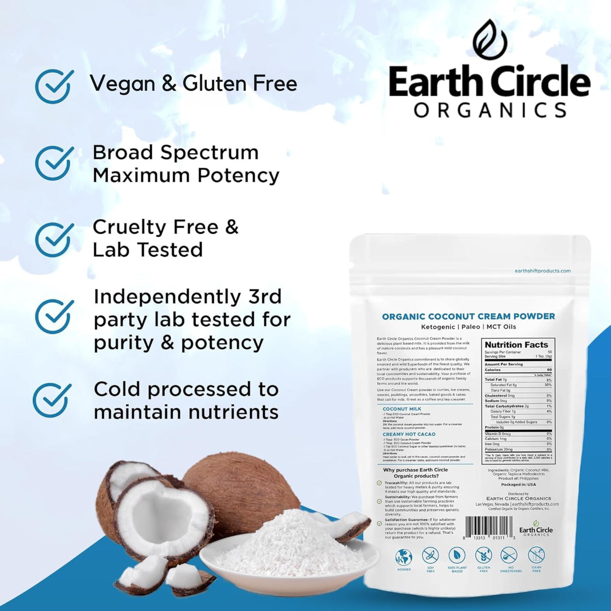 Earth Circle Organics coconut milk powder baking ingredient for desserts.