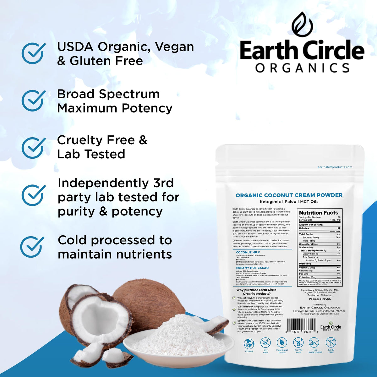 Earth Circle Organics coconut milk powder creamer in mug with frothy top.