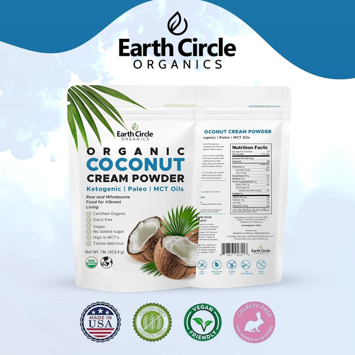 Earth Circle Organics coconut milk powder mixing with water for reconstitution.