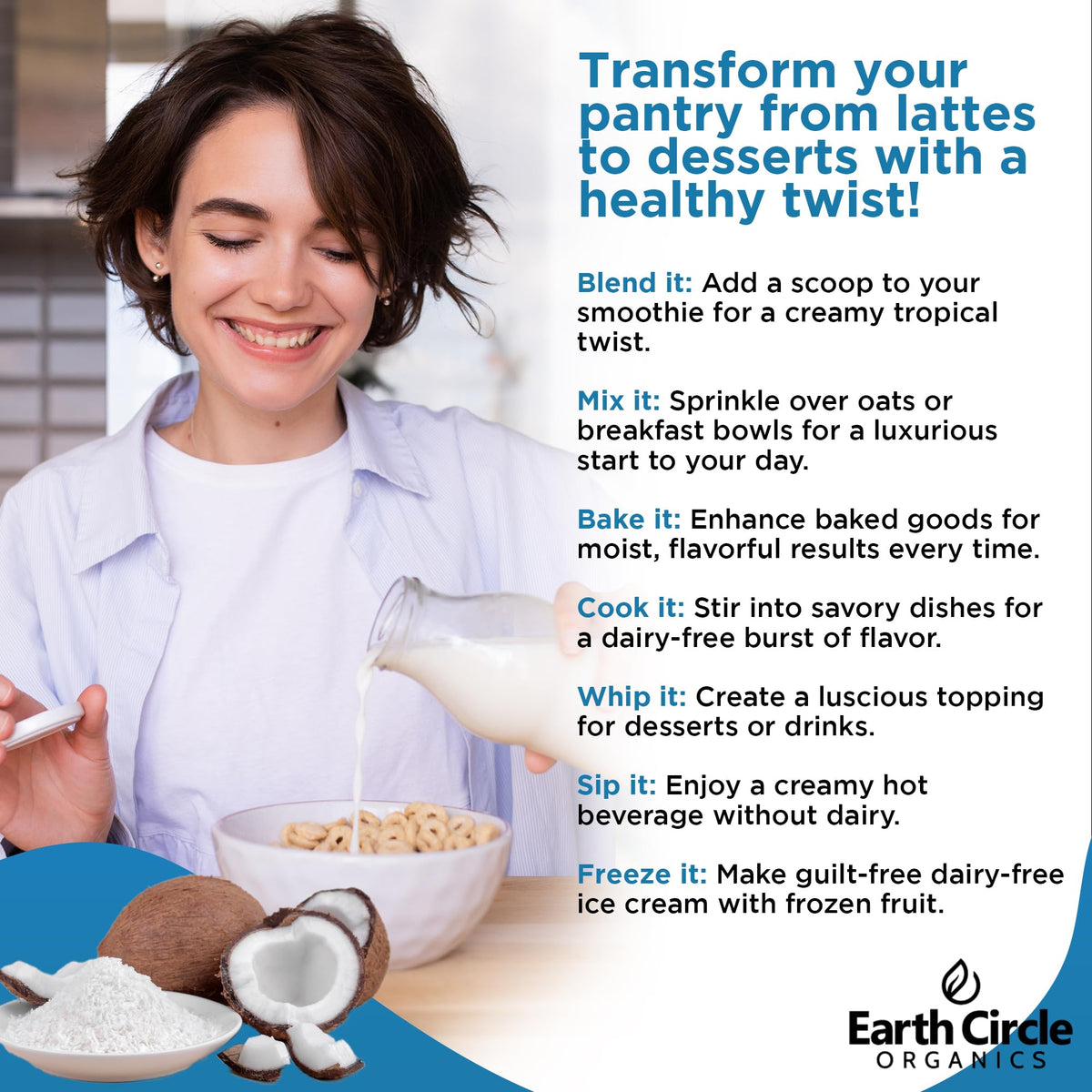 Earth Circle Organics coconut milk powder resealable bag maintains freshness.