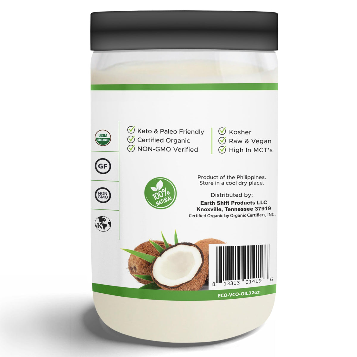 Earth Circle Organics coconut oil bottle pour demonstrating smooth texture for baking and sautéing.