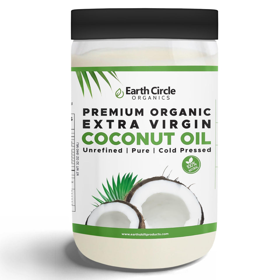Earth Circle Organics coconut oil jar close-up highlighting pure, versatile cooking use.