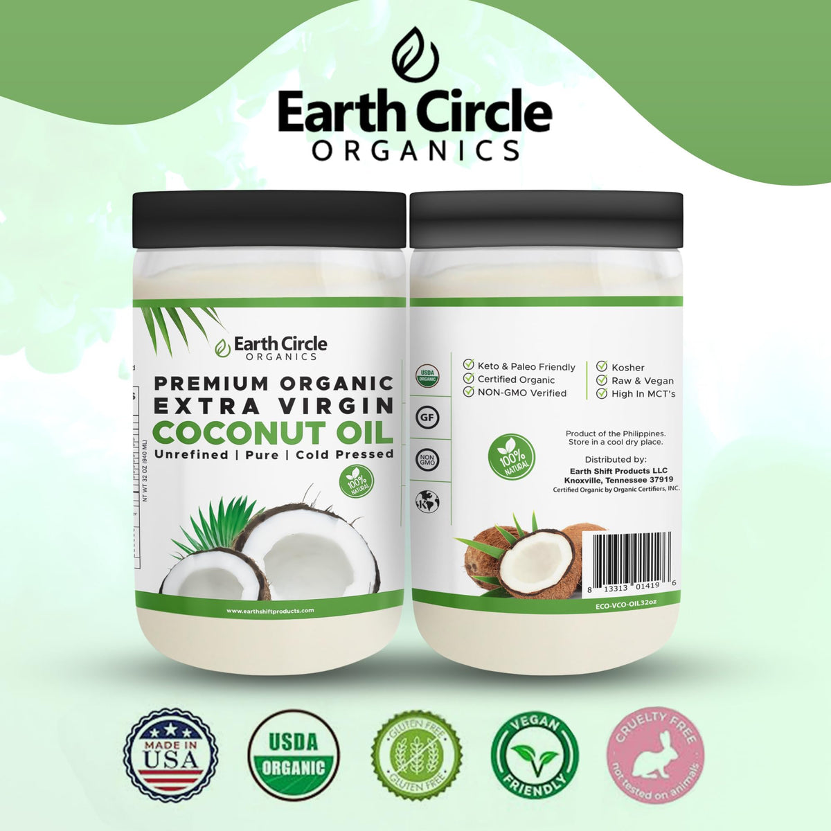 Earth Circle Organics coconut oil stored in a pantry as a gluten-free staple.