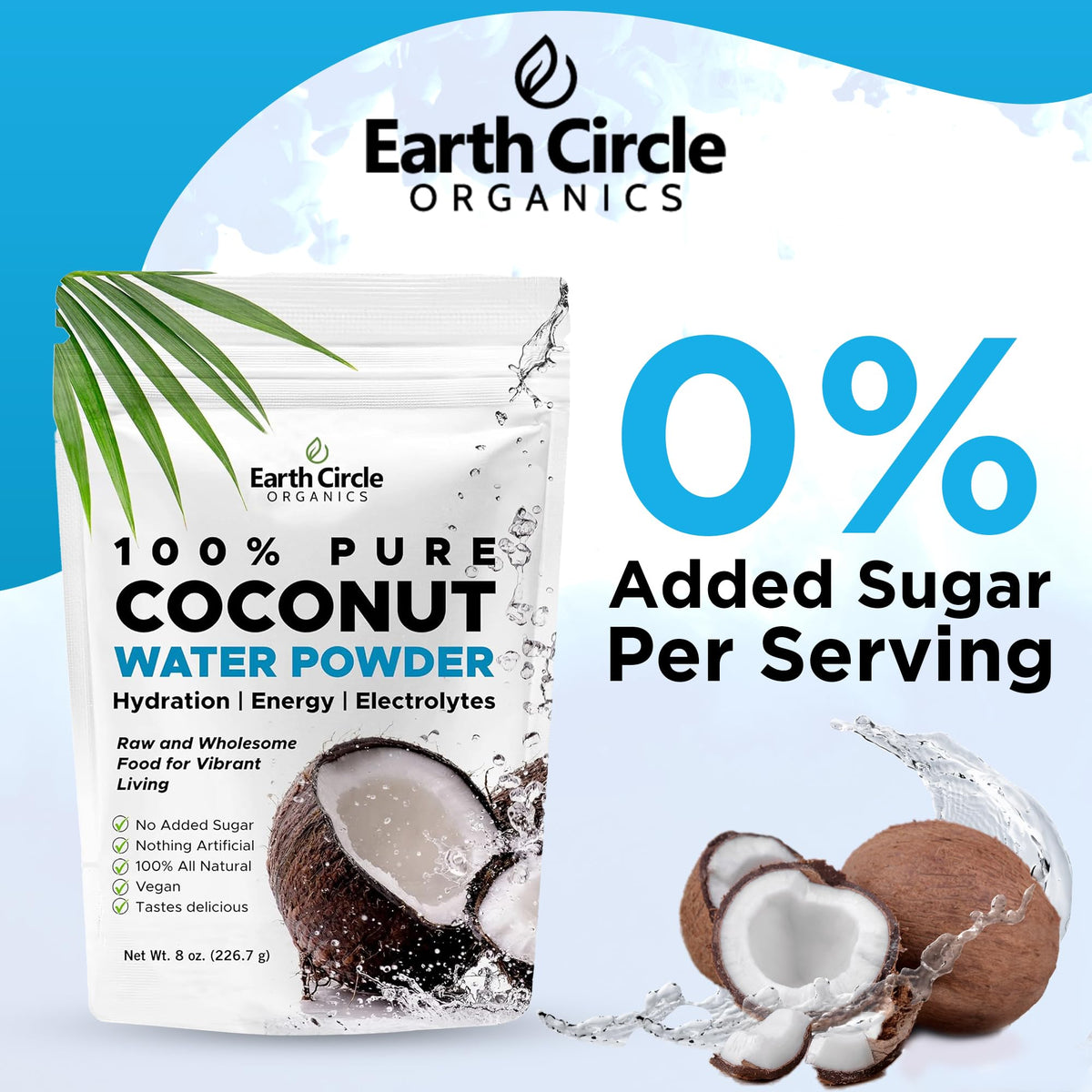 Earth Circle Organics Coconut Water Powder certification badge shows vegan and gluten-free credentials