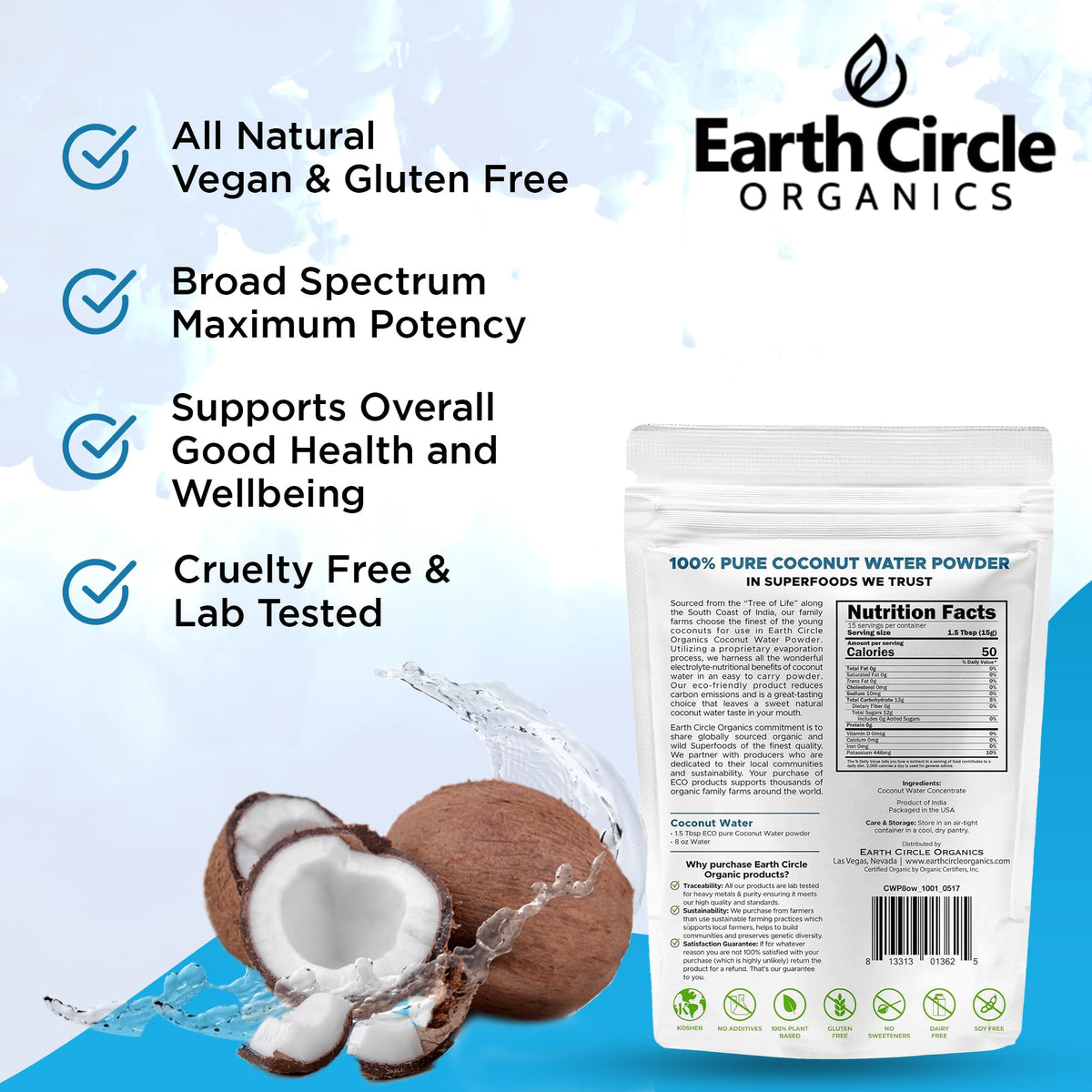 Earth Circle Organics Coconut Water Powder measuring scoop emphasizes easy serving