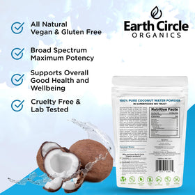 Earth Circle Organics Coconut Water Powder measuring scoop emphasizes easy serving