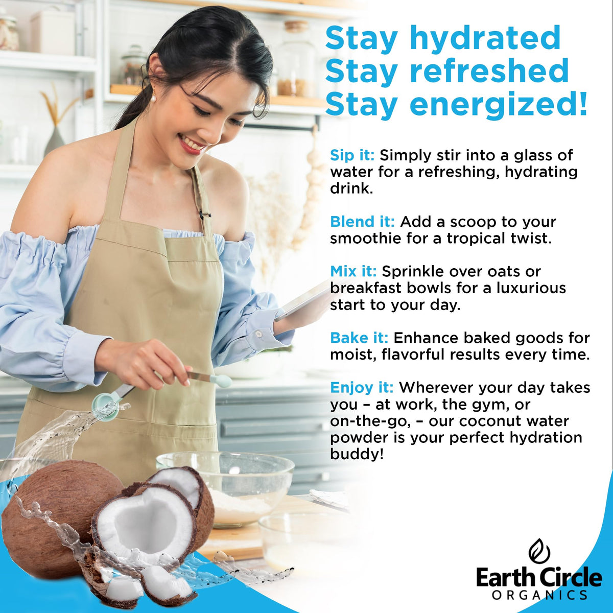Earth Circle Organics Coconut Water Powder with gym bottle suggests on-the-go energy support