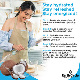 Earth Circle Organics Coconut Water Powder with gym bottle suggests on-the-go energy support