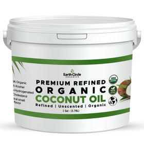 Earth Circle Organics refined coconut oil bottle showing neutral taste and aroma for versatile cooking.