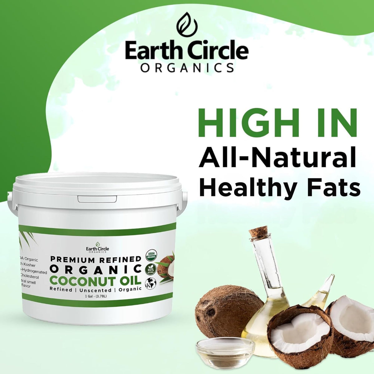 Earth Circle Organics refined coconut oil in cooking scene for baking and everyday meals.