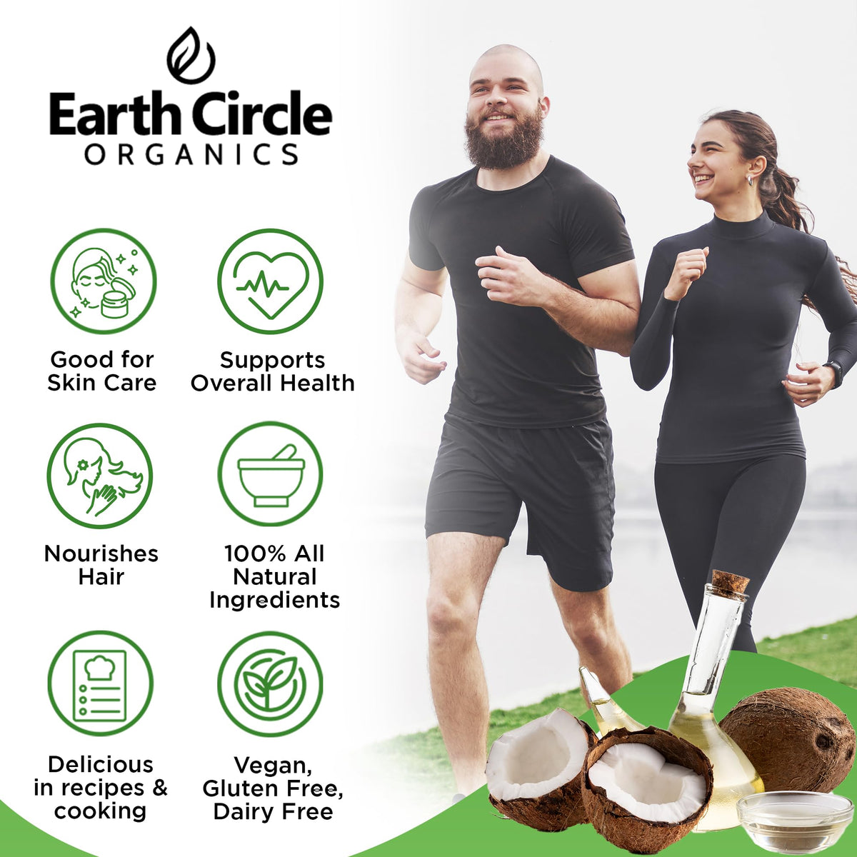 Earth Circle Organics refined coconut oil pouring shot highlighting high smoke point for safe frying.