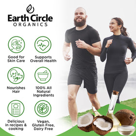 Earth Circle Organics refined coconut oil pouring shot highlighting high smoke point for safe frying.