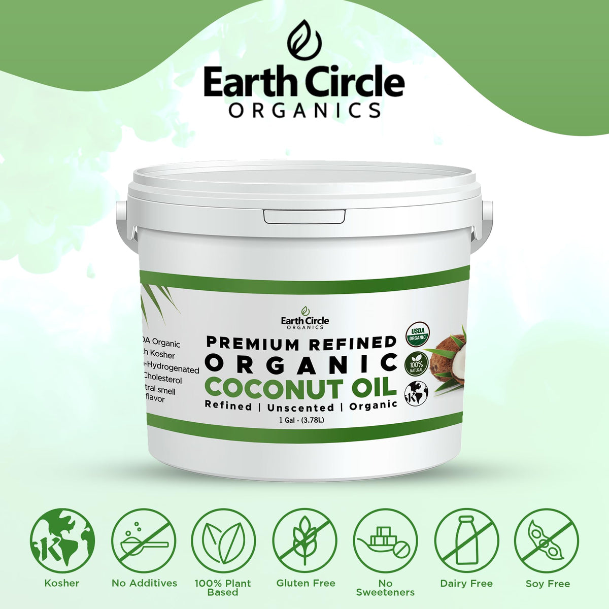 Earth Circle Organics refined coconut oil for skin care, natural moisturizer and light conditioning.